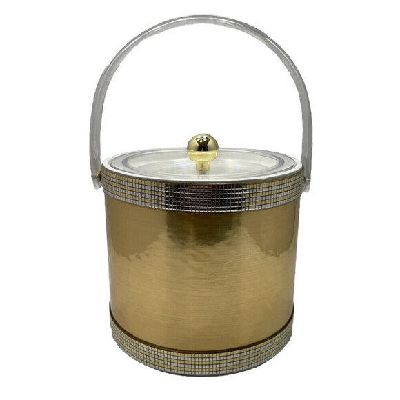Vintage MCM Georges Briard USA Brushed Gold Lucite Clear Acrylic Handle & Lid - Picture 4 of 16